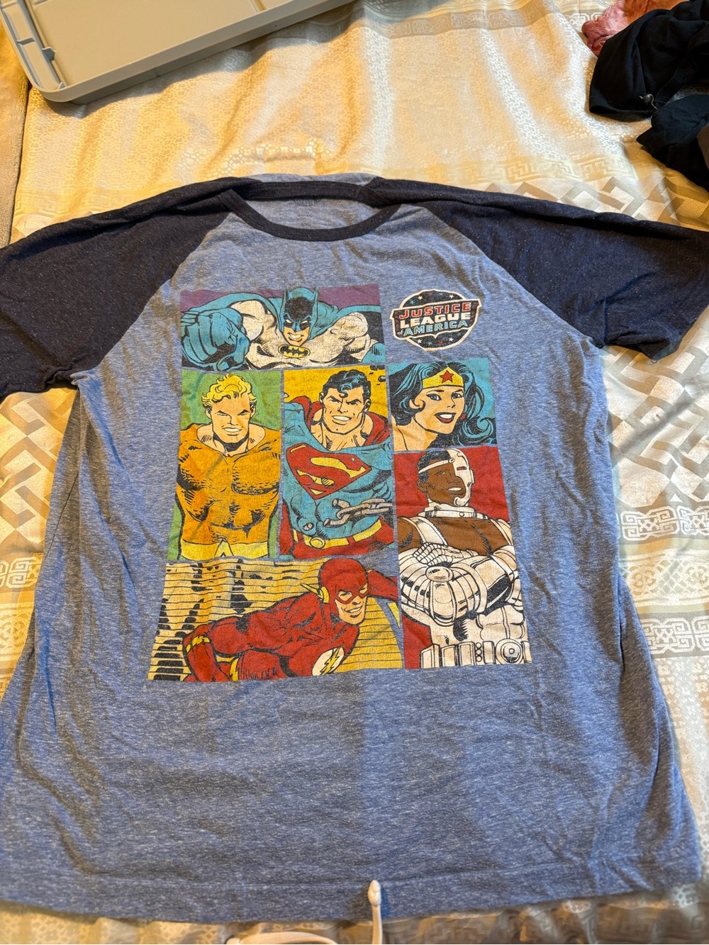 DC Comics Raglan Short Sleeve Tee - Heather Blue with Black Sleeves